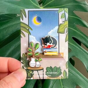 Tuxedo Cat and Planters Enamel‎ Pin Set - Set of Two Pins - Nature Jewelry